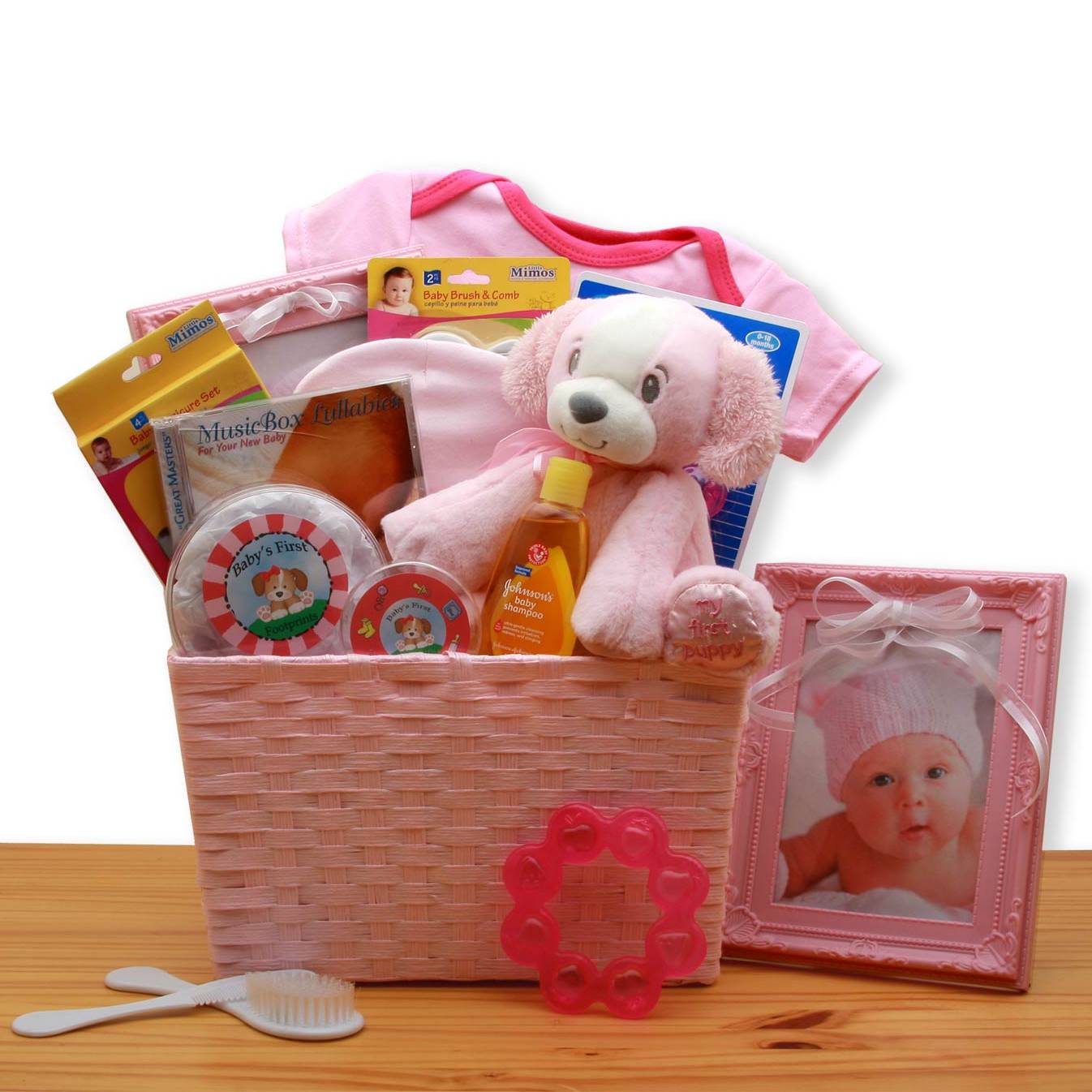 Puppy Love New Baby Girl Gift Basket Pink